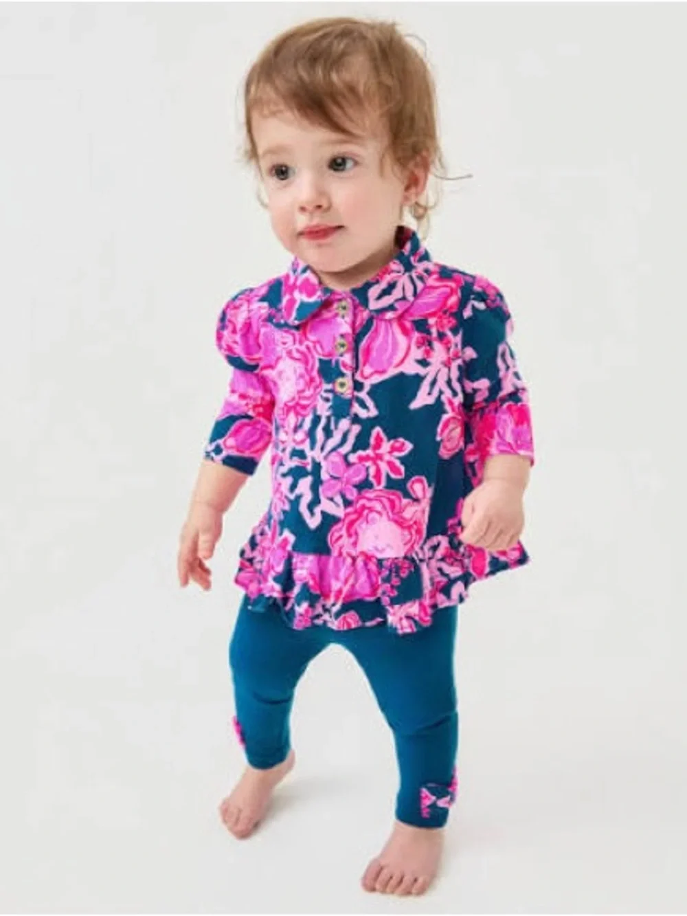 Lilly Pulitzer girls Pink Floral Tunic with Navy Leggings